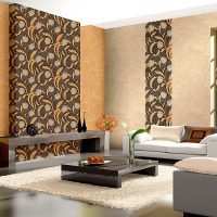 Design of a modern living room with colorful wallpapers