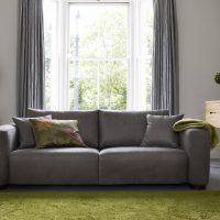 Tapis vert dans un salon gris