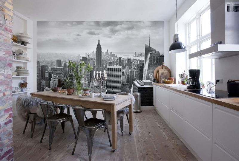 Wall mural in the interior of a modern kitchen