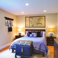 Blue chest in front of an oriental-style bedroom bed