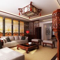 Floor lamp with a wooden ceiling in the living room interior