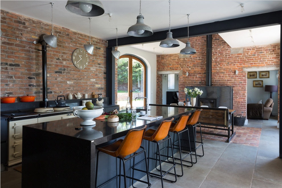 Bar counter in the loft style kitchen