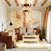 living room interior with frescoes on the wall