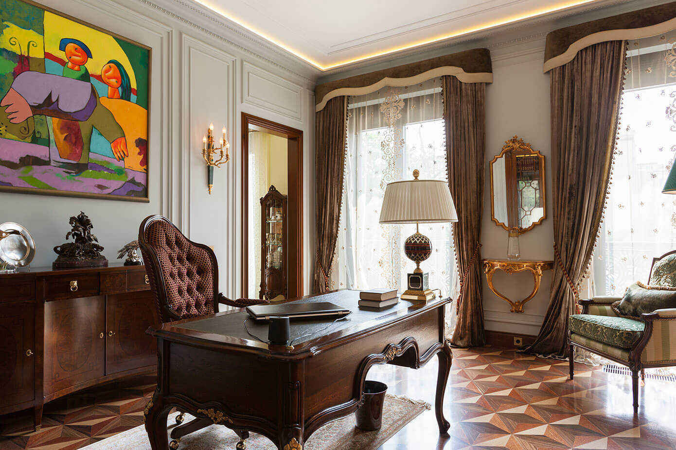 Study room interior with brown curtains