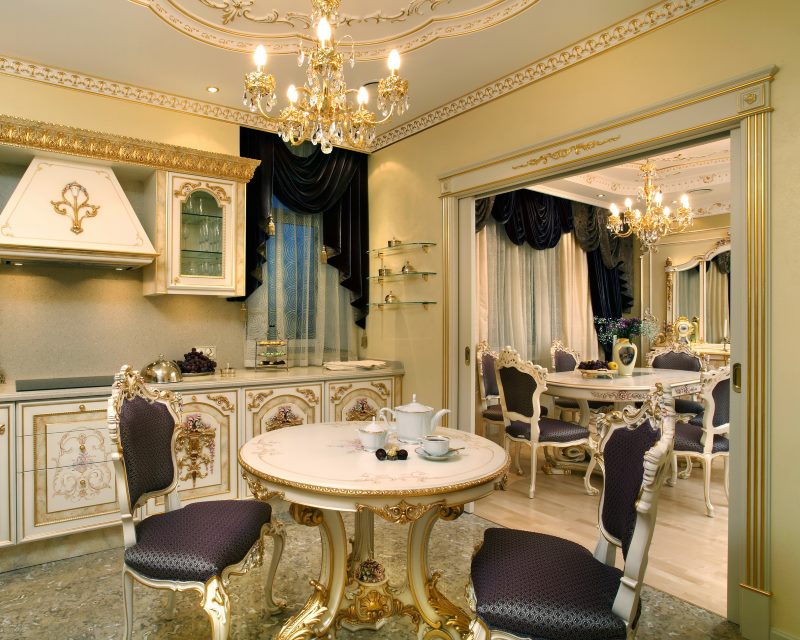 Carved chairs in the interior of a beautiful kitchen