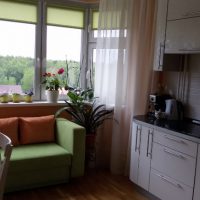 Zelena sofa ispred kuhinjskog prozora