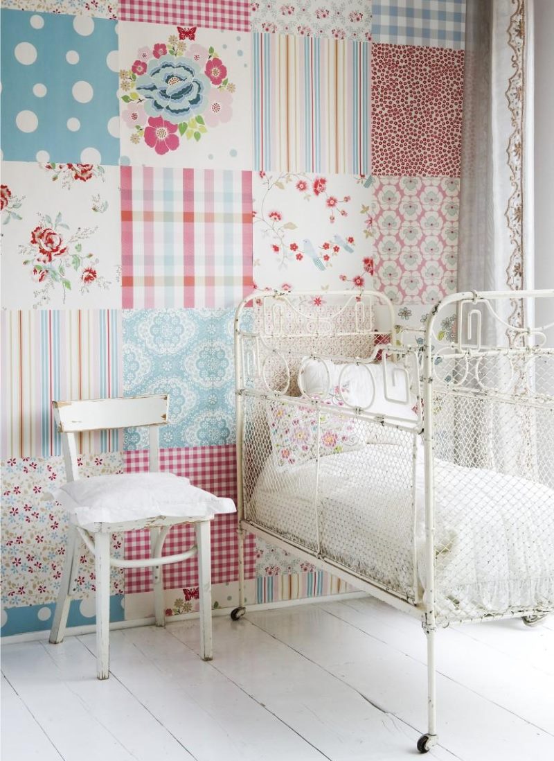 Kids room with patchwork style wallpaper