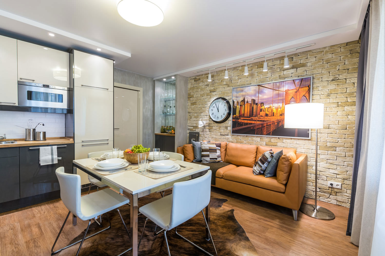 Brick wall finish in the kitchen-living room