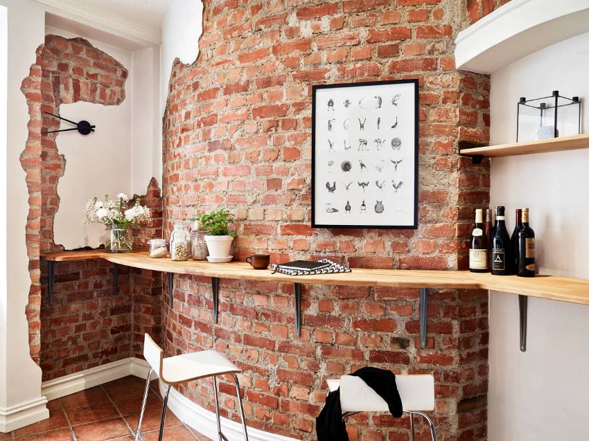 Bar counter along a brick wall