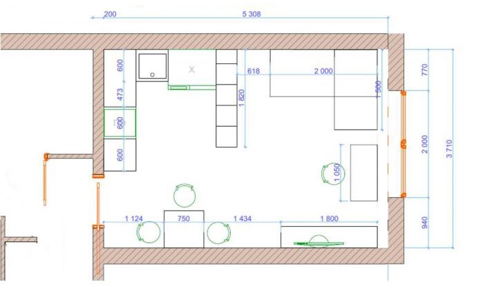 Plan kuhinje-dnevnog boravka od 20 četvornih metara