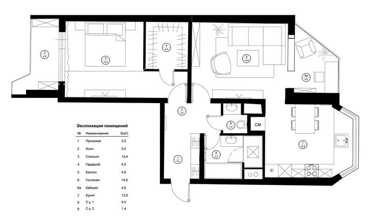 Plan of a two-room apartment in a 44t house with furniture