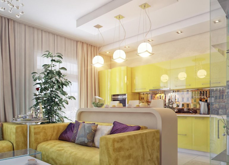 Three pendant lights on the ceiling of the kitchen-living room