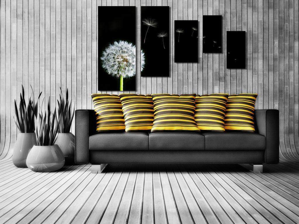 Striped pillows on a dark gray sofa