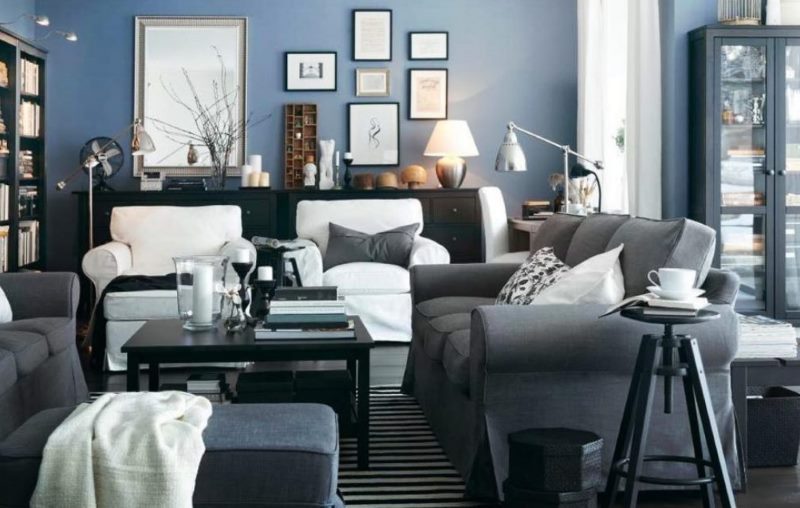 Living room interior in gray and blue shades