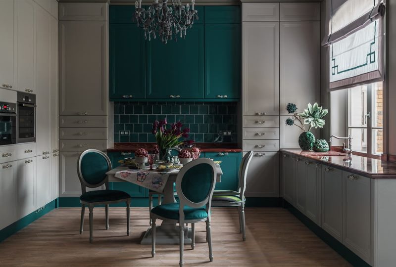 Dining area in a gray kitchen