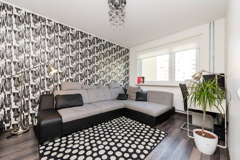 High tech living room interior with gray sofa.