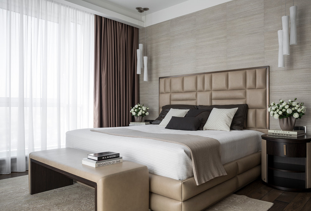 Brown cocoa color curtains in bedroom interior