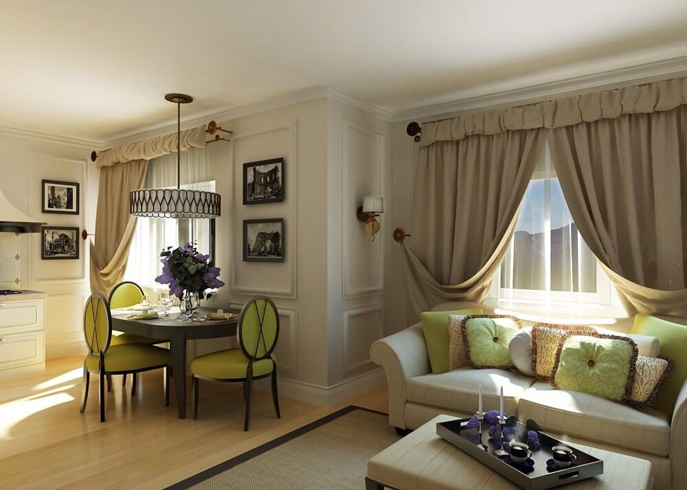 Dark beige curtains on the windows of the kitchen-living room