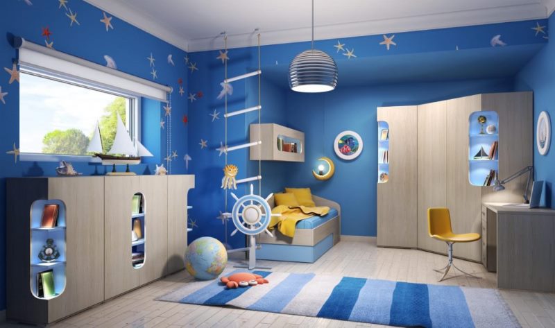 Dizajn dječje sobe s plavim zidovima