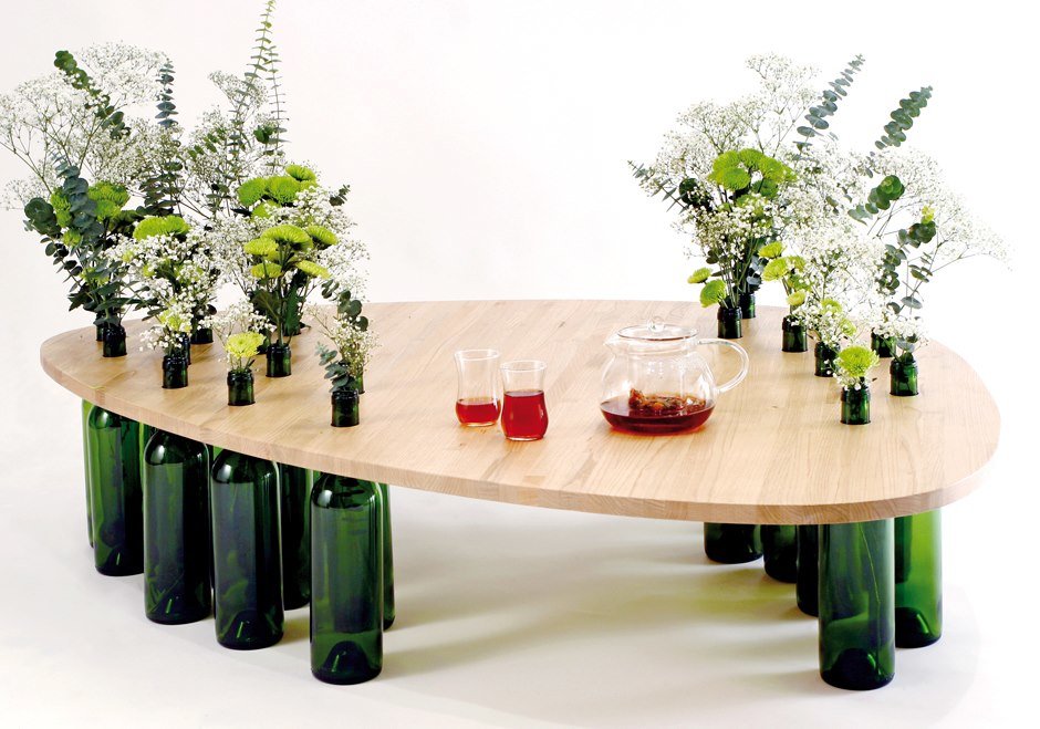 Coffee table made of MDF and wine bottles