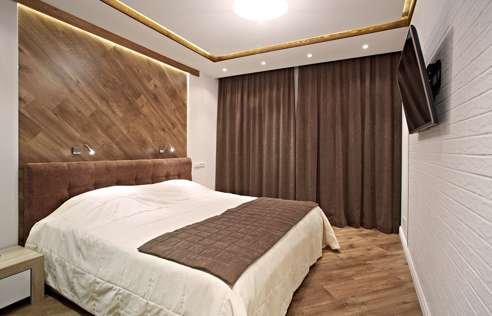 Modern bedroom with brown curtains