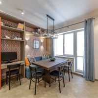 Dining area design with wooden table.