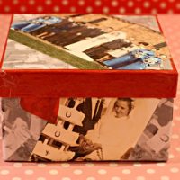 Shoe box decor with family photos