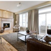 Gray carpet in the living room with fireplace