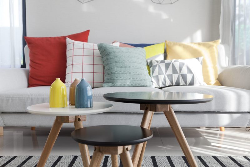 Multi-colored pillows on the sofa in the living room