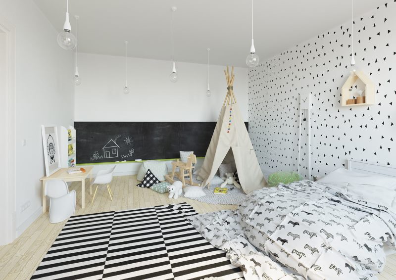 Interno di una camera per bambini in una casa di campagna in stile scandinavo