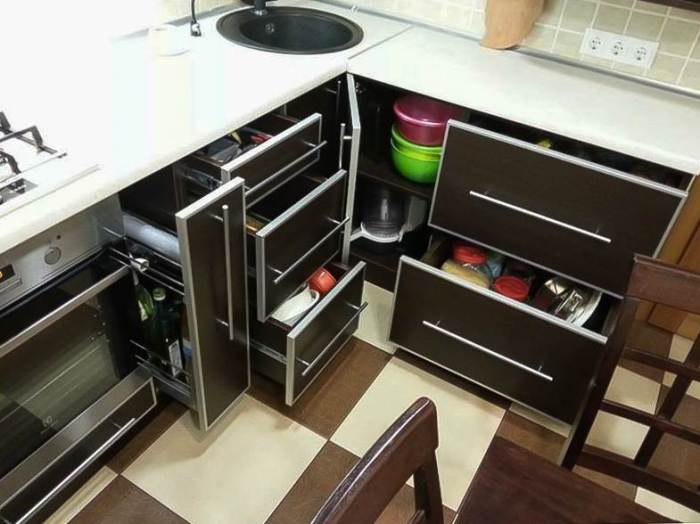 Storage in kitchen cabinets.