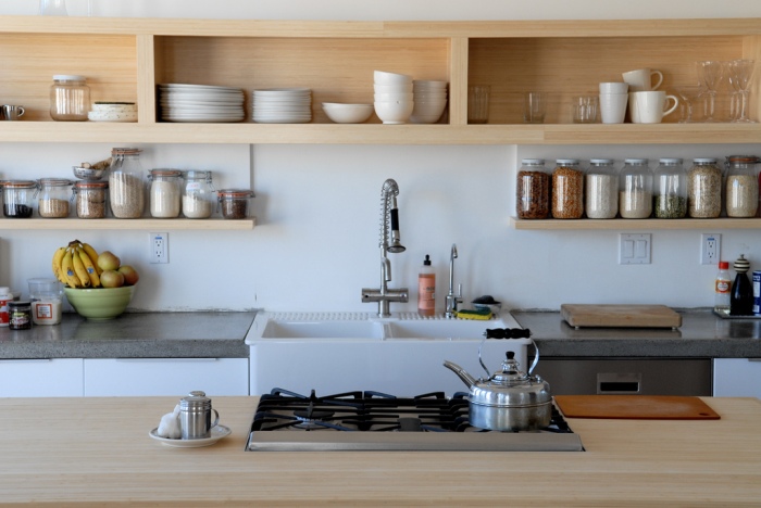 Open shelves in the kitchen.