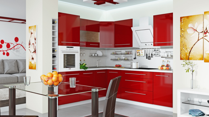 Red glossy kitchen set.