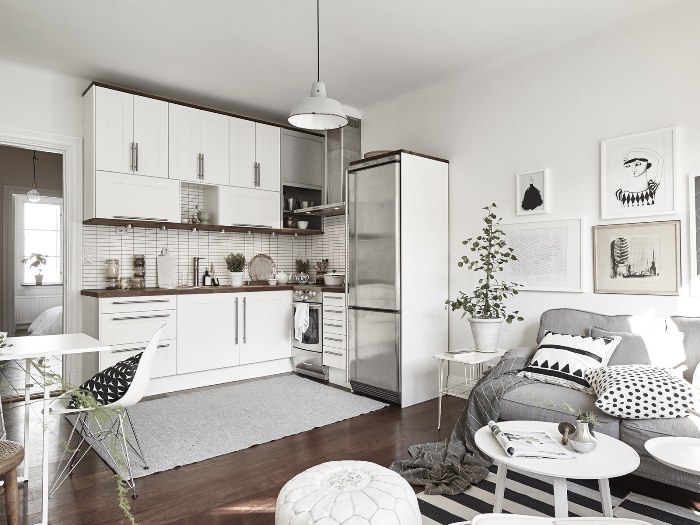 The kitchen-living room is Scandinavian.