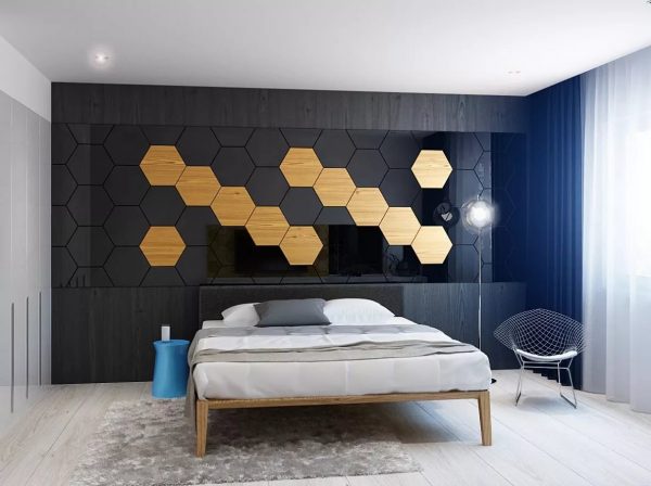 The dynamism in the room can be added using the geometry on the walls - honeycombs, waves, zigzags, squares.