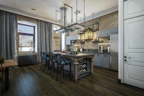 Gray curtains in the interior of the kitchen in the Loft style