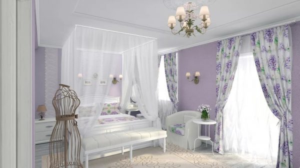 snježno bijeli pamučni veo sa slikom lavande može dati spavaćoj sobi toplinu i ispuniti je aromom cvijeća.