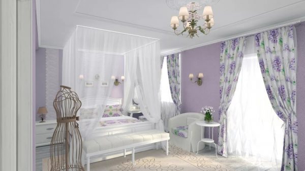 a snow-white cotton veil with the image of lavender is able to give the bedroom warmth and fill it with the aroma of flowers.