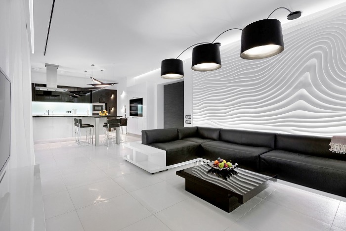 Black and white interior.