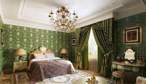 The bedroom in the classical style looks calm, elegant, harmonious and spacious.