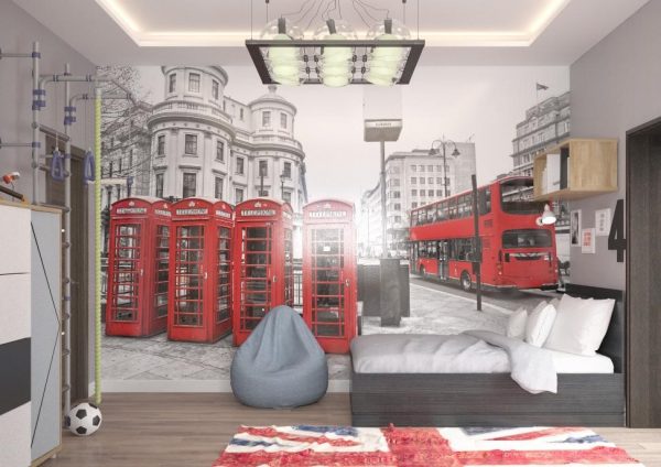 Dizajn dječje sobe u engleskom stilu može imati samo jedno mjesto u boji - foto tapete s pogledom na London.