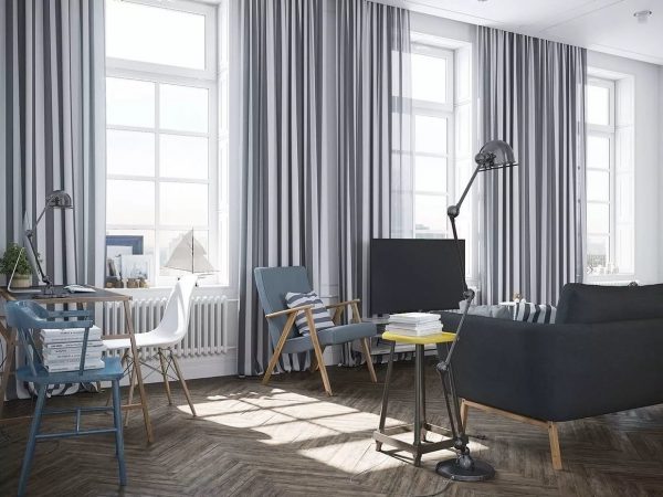 Scandinavian. Popular design in 2019, curtains in the style of minimalism or loft are suitable.